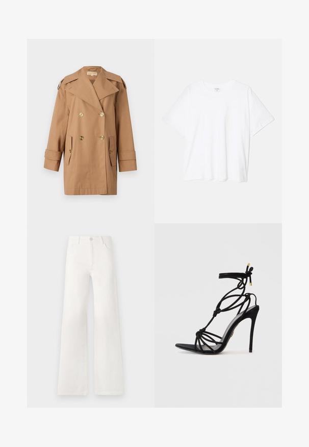 Rjav dvoredni trench plašč iz bombaža. Opremljen z velikimi zlatimi gumbi, širokimi reverji in dvema sprednjima žepoma. Srednje dolgi rokavi.; Bela bombažna majica s kratkimi rokavi, okroglim izrezom, sproščenim krojem in šivanim robom. Oznaka vidna na notranji strani izreza.; Bela, visoko pasovana široka obrtnica iz denima. Ima zaponko, dva sprednja žepa in stranske šive s podrobnostmi šivanja.; Črne stiletto sandale z vozlom zasnovo trakova, odprti prst in tanek heel. Gladka tekstura z zlatimi poudarki na trakih.