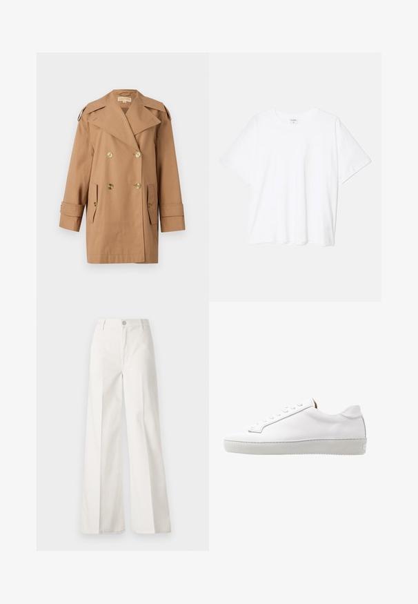 Manteau trench beige à double boutonnage en coton. Équipé de grands boutons dorés, de larges revers et de deux poches avant. Manches mi-longues.; T-shirt en coton blanc avec des manches courtes, un col rond, une coupe décontractée et un ourlet cousu. Étiquette visible à l'intérieur du col.; Pantalons blancs à jambes larges en coton avec une texture douce. Comprend un bouton à l'avant, une fermeture éclair et un design à quatre poches.; Sneaker en cuir blanc avec une texture lisse, bout rond, semelle plate, détails cousus, et cinq paires d'œillets pour les lacets. Design minimaliste.