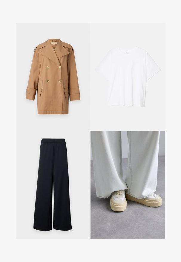 Barna, dupla gombos esőkabát, amely pamutból készült. Nagy arany gombokkal, széles hajtókákkal és két elülső zsebbel rendelkezik. Közepes hosszúságú ujjak.; Fehér pamut póló rövid ujjal, kerek nyakkivágással, laza fazonnal és varrott szegéllyel. Címke látható a belső nyakrészén.; Fekete, széles szárú hálós nadrág, rugalmas derékrésszel és kis cipzáras részletekkel az alján, fehér háttér előtt bemutatva.; MM6 Maison Margiela Sportcipő - silver