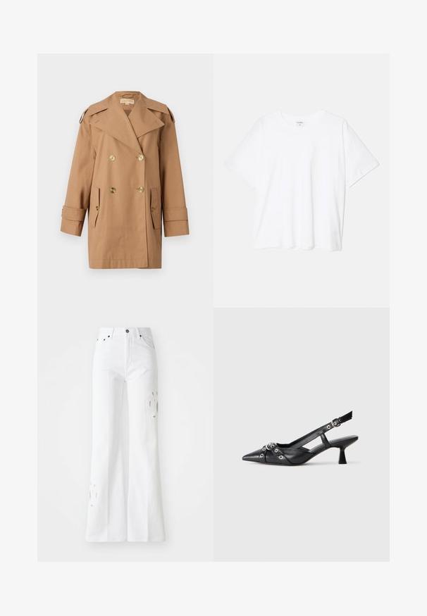 Rudas dvigubas trenčiotas paltas, pagamintas iš medvilnės. Yra dideli auksiniai mygtukai, plačios apykaklės ir dvi priekinės kišenės. Vidutinio ilgio rankovės.; Balta medvilnės marškinėliai trumpomis rankovėmis, apvalia iškirpte, laisvo kirpimo ir su siūtu kraštu. Etiketė matoma vidinėje iškirptės pusėje.; Balti plačios džinsinės kelnės, pagamintos iš džinsinio audinio, su aukštu liemeniu, subtiliais išpjovimais ir penkių kišenių stiliumi. Metalinis mygtukas ir užtrauktukas.; Juodas odinis slingback tipo batai su smailiu priekiniu atvartu, dekoratyvinėmis sagtimis su metaliniais akyčiais ir žemu blokiniu kulnu. Saldus paviršius.