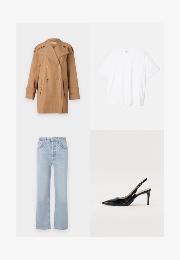 Cabrinha castanha de tranché de dupla face feita de algodão. Apresenta grandes botões dourados, lapelas largas e dois bolsos frontais. Mangas de comprimento médio.; T-shirt de algodão branco com mangas curtas, decote redondo, corte descontraído e bainha cosida. Etiqueta visível no interior do pescoço.; Calças de ganga azul claro com um design de perna reta, com bolsos frontais e um pequeno botão metálico na cintura.; Sandal com salto em verniz preto, bico fino, salto esguio e um design de recorte subtil. Apresenta uma fivela dourada na alça.