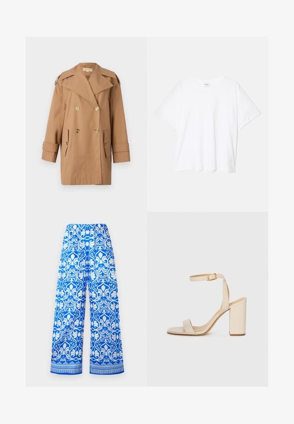 Hnedý dvojradový trenčkot vyrobený z bavlny. Obsahuje veľké zlaté gombíky, široké klopy a dve predné vrecká. Rukávy sú strednej dĺžky.; Biely bavlnený tričko s krátkymi rukávmi, okrúhlym výstrihom, voľným strihom a prešitým lemom. Štítok viditeľný na vnútornom krku.; Modré a biele široké nohavice s elastickým pásom a zložitým kvetinovým damaskovým vzorom, zdobené dekoratívnym okrajom pri leme.; Béžové sandále na vysokom opätku so štvorcovou špičkou, tenkým remienkom na členku a blokovým opätkom. Hladká kožená textúra s detailom zlatého spony.