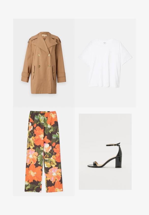 Brown double-breasted trench coat made of cotton. Features large gold buttons, wide lapels, and two front pockets. Mid-length sleeves.; White cotton t-shirt with short sleeves, round neckline, relaxed fit, and stitched hem. Label visible on the inside neck.; Stine Goya FATOU STRUCTURE STRETCH - Trousers - summer night; Black patent leather sandal with a wide heel, open toe, and ankle strap featuring a gold buckle. Smooth texture and sleek design.