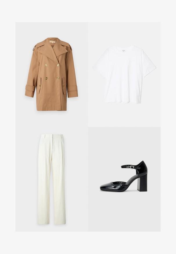 Brauner doppelter Trenchcoat aus Baumwolle. Mit großen goldenen Knöpfen, breiten Revers und zwei Fronttaschen. Mittellange Ärmel.; Weißes Baumwoll-T-Shirt mit kurzen Ärmeln, runder Halslinie, lockerer Passform und genähtem Saum. Etikett sichtbar am inneren Kragen.; Weite Hosen in hellem Creme mit vertikalen Rippungen, flach vorn mit Falten und einer glatten Stofftextur.; Schwarze patentierte Leder-High Heels mit quadratischer Zehenform, Knöchelriemchen und dicker Absatz. Enthält durchbrochene Details entlang des Randes.