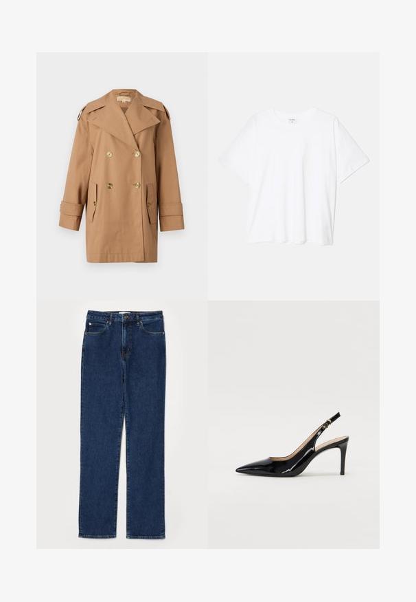 Cabrinha castanha de tranché de dupla face feita de algodão. Apresenta grandes botões dourados, lapelas largas e dois bolsos frontais. Mangas de comprimento médio.; T-shirt de algodão branco com mangas curtas, decote redondo, corte descontraído e bainha cosida. Etiqueta visível no interior do pescoço.; Jeans de ganga em azul escuro, design de perna reta, estilo de cinco bolsos, com uma cintura resistente e detalhes de costura visíveis.; Sandal com salto em verniz preto, bico fino, salto esguio e um design de recorte subtil. Apresenta uma fivela dourada na alça.