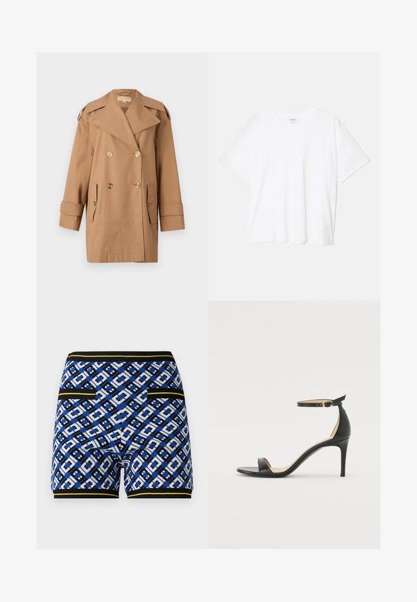 Brūns dubultās krūtis pūķis, kas izgatavots no kokvilnas. Iespējas ietver lielus zeltainus pogas, plašus atlokos un divas priekšējās kabatas. Pusgaras piedurknes.; Balta kokvilnas T-krekls ar īsām piedurknēm, apaļu dekoltē, brīva piegriezuma un šūtu apakšmalu. Etiķete redzama iekšējā kakla daļā.; Adītie šorti ar rakstu, kas izceļas ar zilu, melnu un baltu ģeometrisku dizainu, ar kontrastējošiem dzelteniem akcentiem un sānu kabatām.; Melnas ādas augstpapēžu sandales ar potītes siksniņu. Iezīmes gluda tekstūra, atvērta purngala un plāna papēža. Zelta krāsas sprādzes detaļa.