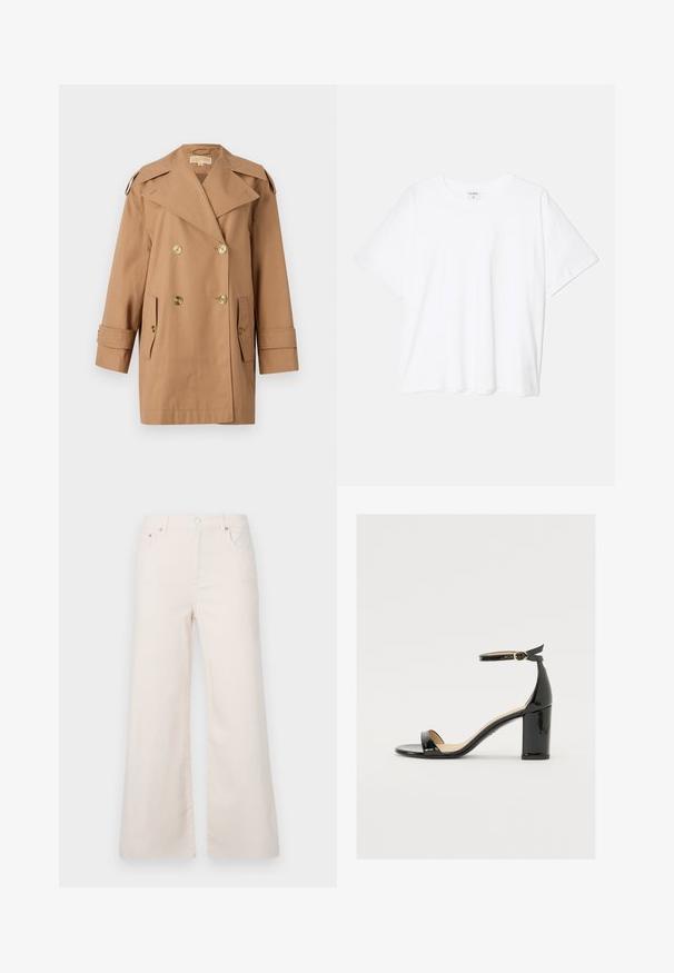 Hnědý dvouřadý trenčkot vyrobený z bavlny. Obsahuje velké zlaté knoflíky, široké klopy a dvě přední kapsy. Rukávy jsou střední délky.; Bílý bavlněný tričko s krátkým rukávem, kulatým výstřihem, volným střihem a šitým lemem. Nálepka viditelná na vnitřní straně výstřihu.; Dámské kalhoty s širokými nohavicemi, světle béžové denimové, s vysokým pasem, pěti kapsami a předním zapínáním na knoflík. Hladká textura, minimální detaily prošívání.; Černé lakované sandály s širokým podpatkem, otevřenou špičkou a řemínkem kolem kotníku se zlatou sponou. Hladký povrch a elegantní design.