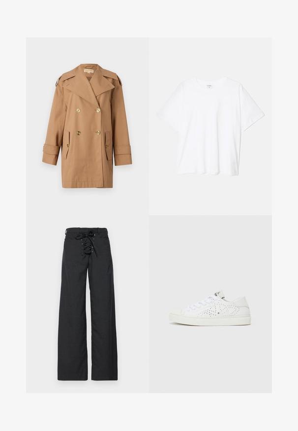 Barna, dupla gombos esőkabát, amely pamutból készült. Nagy arany gombokkal, széles hajtókákkal és két elülső zsebbel rendelkezik. Közepes hosszúságú ujjak.; Fehér pamut póló rövid ujjal, kerek nyakkivágással, laza fazonnal és varrott szegéllyel. Címke látható a belső nyakrészén.; Sötétszürke, bő szárú nadrág, fűzős derékrésszel. Texturált anyagból készült, elegáns és minimalista dizájnnal rendelkezik.; Fehér alacsony szárú tornacipők perforált dizájnnal, sima fűzőkkel és texturált gumitalppal. Minimalista stílusúak és puha felületűek.