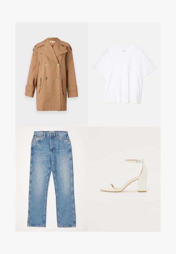 Cabrinha castanha de tranché de dupla face feita de algodão. Apresenta grandes botões dourados, lapelas largas e dois bolsos frontais. Mangas de comprimento médio.; T-shirt de algodão branco com mangas curtas, decote redondo, corte descontraído e bainha cosida. Etiqueta visível no interior do pescoço.; RE/DONE HIGH RISE - Calças de ganga de perna direita - worn blue; Sandal de bloco em pele branca, apresentando uma correia no tornozelo com fivela e um design minimalista. Com biqueira aberta e texturas suaves ao longo de toda a peça.