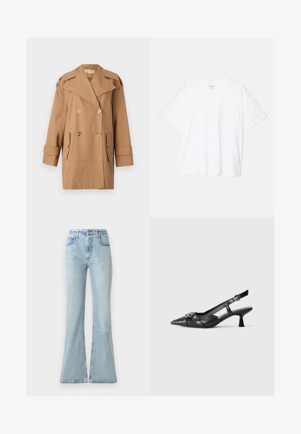 Brūns dubultās krūtis pūķis, kas izgatavots no kokvilnas. Iespējas ietver lielus zeltainus pogas, plašus atlokos un divas priekšējās kabatas. Pusgaras piedurknes.; Balta kokvilnas T-krekls ar īsām piedurknēm, apaļu dekoltē, brīva piegriezuma un šūtu apakšmalu. Etiķete redzama iekšējā kakla daļā.; Gaiši zilie džinsi ar platu apakšdaļu un augstu jostasvietu, ar priekšējām kabatām, pogu aizdari un nedaudz nolietotu tekstūru.; Melnas ādas šlipsveida kurpes ar norādītu purngalu, dekoratīvām joslām ar metāla acīm un zemu bloku papēdi. Teksturēta virsma.