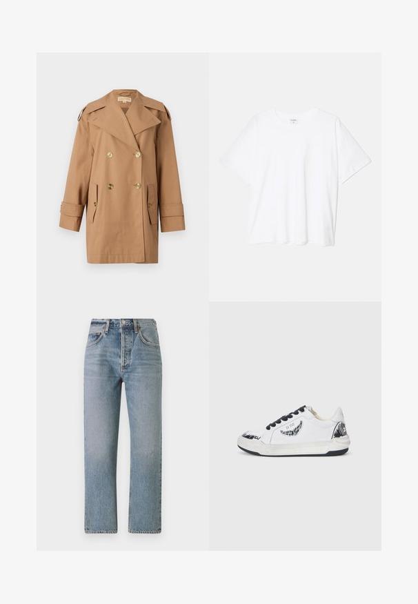 Hnědý dvouřadý trenčkot vyrobený z bavlny. Obsahuje velké zlaté knoflíky, široké klopy a dvě přední kapsy. Rukávy jsou střední délky.; Bílý bavlněný tričko s krátkým rukávem, kulatým výstřihem, volným střihem a šitým lemem. Nálepka viditelná na vnitřní straně výstřihu.; Světle modré džíny z denimu se straight fit střihem, vysokým pasem a klasickým pětipocket designem. Obsahují jemné vyblednutí a zipový knoflík.; Bílé tenisky s černými akcenty, s texturovaným designem na boku, černými šněrovadly a gumovou podrážkou. Logo a umění na svršku.