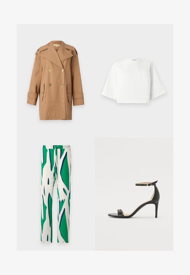 Bruine dubbele trenchcoat gemaakt van katoen. Voorzien van grote gouden knopen, brede revers en twee voorzakken. Middellange mouwen.; Witte, cropped t-shirt met een relaxte pasvorm, korte brede mouwen, ronde halslijn en zijsplitten, gemaakt van zacht katoen.; Witte broek met een gedurfd abstract patroon in groen en marineblauw. Ontworpen met een rechte pijp en sluiting met een knoop.; Zwarte leren hoge hak sandaal met enkelbandje. Heeft een gladde textuur, open teen en een dunne hak. Gouden gesp detail.