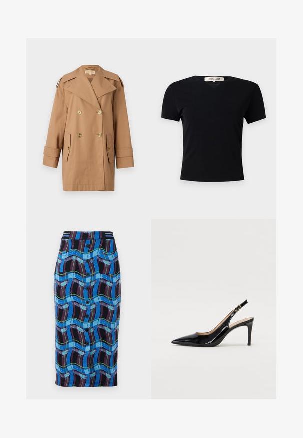 Palton bej din bumbac, cu dublu rând de nasturi. Prezintă nasturi mari aurii, rever lățit și două buzunare frontale. Mâneci de lungime medie.; Tricou negru, cu mânecă scurtă, de tip V, confecționat dintr-un material neted și elastic. Prezintă o siluetă simplă, clasică, fără embellishments.; Fustă până la genunchi de culoare albastră, cu un model de valuri multicolore, având un elastic negru la talie, nasturi în față și două buzunare laterale.; Pantofi slingback din piele patent neagră, cu vârful ascuțit, tocul subțire și un design discret cu decupaj. Se evidențiază printr-un cataramă aurie pe curea.
