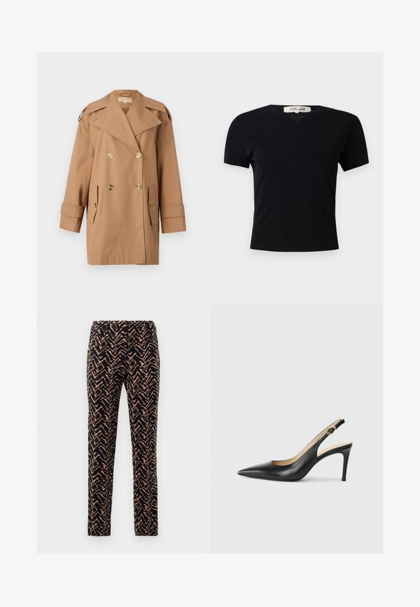Rjav dvoredni trench plašč iz bombaža. Opremljen z velikimi zlatimi gumbi, širokimi reverji in dvema sprednjima žepoma. Srednje dolgi rokavi.; Črna kratka majica s kratkimi rokavi in V-izrezom, izdelana iz gladkega, raztegljivega materiala. Ima preprost, klasičen kroj brez okrasnih elementov.; Slim-fit hlače v zigzag vzoru, mornarsko modre in peščene barve, z gladko teksturo in standardnim pasom.; Črne usnjene petke s slingback obliko, ostro konico, nastavljivim trakom in elegantnim stiletto peto, s gladko obdelavo.