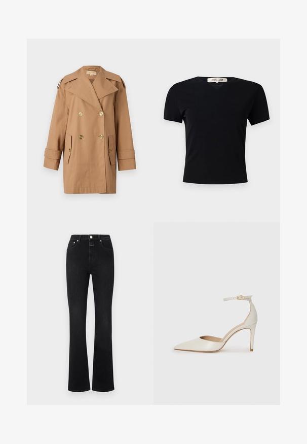 Rudas dvigubas trenčiotas paltas, pagamintas iš medvilnės. Yra dideli auksiniai mygtukai, plačios apykaklės ir dvi priekinės kišenės. Vidutinio ilgio rankovės.; Juodas trumpas rankovės marškinėliai su V formos iškirpte, pagaminti iš lygaus, tampraus audinio. Pasižymi paprasta, klasikinė siluetu be dekoracijų.; Juodos plačios džinsinės kelnės su aukšta juosmeniu, penkiais kišenėmis, auksinės spalvos detalėmis ir švelniu paviršiumi.; Balti odiniai aukštakulniai batai su smailiu priekiniu galu, kulkšnies dirželiu ir siauru stiletu. Lygi tekstūra su subtiliu blizgiu paviršiumi.