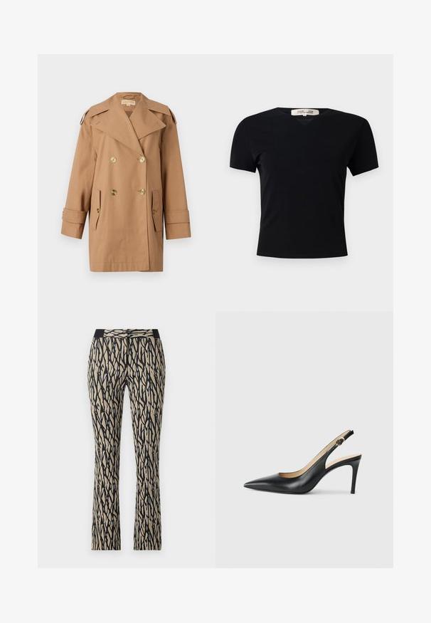 Bruine dubbele trenchcoat gemaakt van katoen. Voorzien van grote gouden knopen, brede revers en twee voorzakken. Middellange mouwen.; Zwarte T-shirt met korte mouwen en V-halsontwerp, gemaakt van een gladde, rekbare stof. Kenmerkt zich door een eenvoudige, klassieke silhoutte zonder versieringen.; Zwarte en beige gekleurde broek met een strakke tailleband, voorzien van een abstracte streepdesign, gemaakt van een zachte, rekbare stof.; Zwarte leren slingback-hakken met een spitse neus, verstelbare band en een elegante stiletto-hak, met een gladde afwerking.