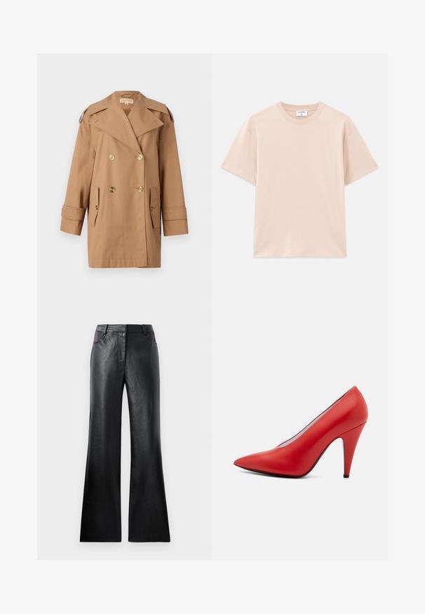 Hnědý dvouřadý trenčkot vyrobený z bavlny. Obsahuje velké zlaté knoflíky, široké klopy a dvě přední kapsy. Rukávy jsou střední délky.; Tričko s krátkým rukávem v světle béžové barvě, vyrobené z měkké bavlny. Kolo tvarovaný výstřih, uvolněný střih, s rovným lemem a bez vzorů nebo grafik.; Černé kožené rozšířené kalhoty s hladkou texturou, které mají dvě přední kapsy s černými a hnědými akcenty poblíž pasu.; Červená kožená lodička na vysokém podpatku s špičatou špičkou, elegantním siluetem, hladkou texturou a tenkou černou podrážkou. Design s stiletto podpatkem.