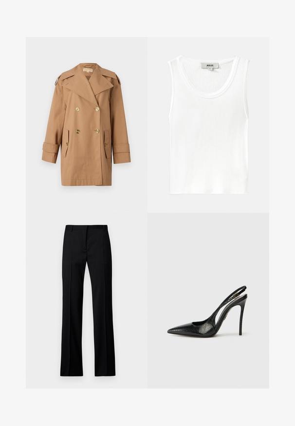 Manteau trench beige à double boutonnage en coton. Équipé de grands boutons dorés, de larges revers et de deux poches avant. Manches mi-longues.; Débardeur blanc à côtelés avec un décolleté arrondi et de larges bretelles, arborant une étiquette portant la mention "AGOLDE" et la taille "S".; Pantalons noirs à jambe droite en tissu lisse, avec un devant plat, des passants de ceinture et sans poches visibles ni embellissements.; Pompe noire à bride arrières avec un orteil pointu, motif serpent texturé, talon aiguille et une boucle décorative sur la bride.