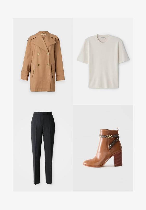 Pruun topeltkliendiga vihmamantel, mis on valmistatud puuvillast. Omab suuri kuldseid nööpe, laiu krae ja kahte esikotti. Keskmise pikkusega varrukad.; Kreem värvi lühikeste varrukatega T-särk ümmarguse kaelusega, valmistatud pehmest materjalist, omades sirget lõiget ja minimaalseid detailide rõhutusi.; Mustad kõrge vöökohaga sirged püksid esitletud lihtsal heledal taustal.; Pruun nahkne pahkluu saabas, millel on kõrge plokk konts, külgrihm kullast nänni ja kuldne "MK" logo pandla.