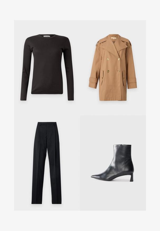 Hnedý dvojradový trenčkot vyrobený z bavlny. Obsahuje veľké zlaté gombíky, široké klopy a dve predné vrecká. Rukávy sú strednej dĺžky.; Čierne dlhé rukávy rebrované tričko s okrúhlym výstrihom, vyrobené z mäkkej látky, s jednoduchým dizajnom bez ozdôb alebo vzorov.; Čierne nohavice vyrobené z hladkej látky s vysokým pásom, širokými nohavicami, prednými záhybmi a klasickými pútkami na opasok. Žiadne bočné vrecká nie sú viditeľné.; Čierne kožené členkové topánky s špicatou špičkou a elegantným dizajnom. Majú nízky podpätok a zips na zadnej strane. Hladká textúra.