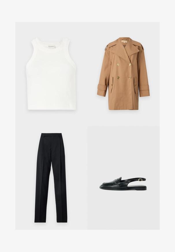 Cappotto trench doppiopetto marrone realizzato in cotone. Caratterizzato da grandi bottoni dorati, ampi risvolti e due tasche frontali. Maniche di lunghezza intermedia.; Canottiera bianca a coste con spalline larghe e silhouette aderente. Presenta un piccolo logo in rilievo vicino all'orlo.; Pantaloni neri realizzati in tessuto morbido, caratterizzati da vita alta, gambe larghe, pince frontali e classiche passanti per cintura. Non ci sono tasche laterali visibili.; Scarpa slingback in pelle nera con punta arrotondata, suola piatta, taglio laterale e cinturino con dettaglio in hardware color oro.