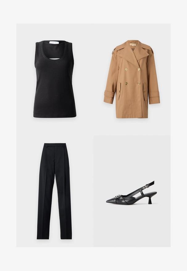 Brūns dubultās krūtis pūķis, kas izgatavots no kokvilnas. Iespējas ietver lielus zeltainus pogas, plašus atlokos un divas priekšējās kabatas. Pusgaras piedurknes.; Melns bez piedurknēm topiņš, izgatavots no ribota auduma, ar apaļu kakla izgriezumu un nelielu izgriezumu priekšpusē kā dizaina elements.; Melnas bikses, izgatavotas no gludas auduma, ar augstu vidukli, platiem bikšu galdniekiem, priekšējiem krokām un klasiskām jostu cilpām. Sānu kabatas nav redzamas.; Melnas ādas šlipsveida kurpes ar norādītu purngalu, dekoratīvām joslām ar metāla acīm un zemu bloku papēdi. Teksturēta virsma.