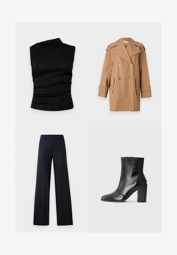 Smeđi dvostruko kopčani trench kaput od pamuka. Ima velike zlatne dugmadi, široke reveri i dva prednja džepa. Rukavi su srednje dužine.; Crni top bez rukava s asimetričnom izrezom, s nabranim materijalom za teksturu i prilagođenim siluetom. Glatki, rastezljivi materijal.; Hlače širokih nogavica u crnoj boji. Prilagođeni kroj s glatkom teksturom. Imaju red metalnih zakovica duž bočnih šavova kao detalj.; Crna kožna čizma do gležnjeva s glatkom teksturom, špicastim vrhom i debelim visokim potpeticama. Ima bočni otvor i minimalistički dizajn.