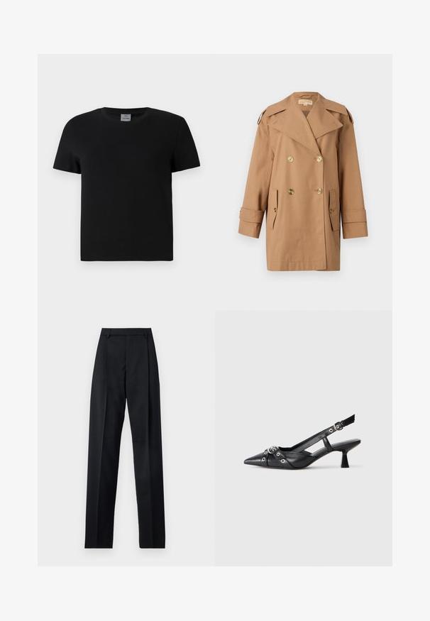 Brun dubbelknäppt trenchcoat i bomull. Har stora guldknappar, breda slag och två framfickor. Halvlånga ärmar.; Svart bomullströja med rund halsringning och korta ärmar. Enkla design, inga mönster eller accenter, med rak skärning vid midjan.; Svarta byxor i mjukt tyg med hög midja, vida ben, framfickor och klassiska bältesöglor. Inga sidofickor synliga.; Svart lädersko med slingback-design, spetsig tå, dekorativa remmar med metallöglor och en låg klack. Texturerad yta.