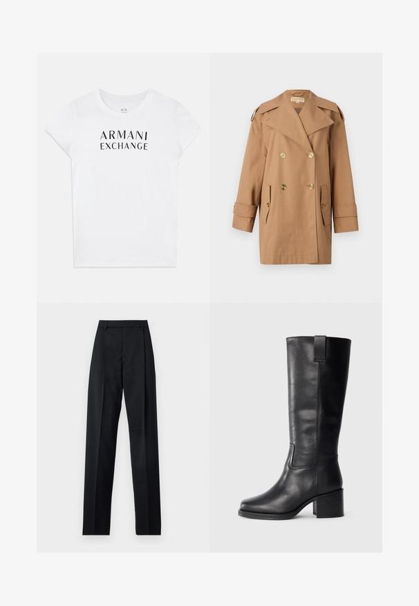 Brauner doppelter Trenchcoat aus Baumwolle. Mit großen goldenen Knöpfen, breiten Revers und zwei Fronttaschen. Mittellange Ärmel.; Weißes Baumwoll-T-Shirt mit großem schwarzem "ARMANI EXCHANGE"-Logo auf der Brust. Kurze Ärmel und ein Rundhalsausschnitt. Glatte Textur.; Schwarze Hosen aus glattem Stoff mit hoher Taille, weitem Bein, vorderen Falten und klassischen Gürtelschlaufen. Keine sichtbaren Seitentaschen.; Schwarze Lederstiefel bis zum Knie mit glatter Oberfläche, quadratischer Spitze, Blockabsatz und seitlichem Zugband, mit minimalistischen Nähdetails.