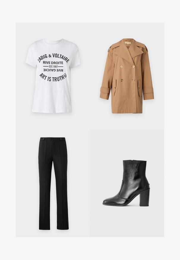 Brūns dubultās krūtis pūķis, kas izgatavots no kokvilnas. Iespējas ietver lielus zeltainus pogas, plašus atlokos un divas priekšējās kabatas. Pusgaras piedurknes.; Balta kokvilnas T-kreklu ar izteiksmīgu melnu tekstu, kurā ir zīmola nosaukums, atrašanās vieta, dibināšanas datums un sauklis apļa izkārtojumā. Apaļas kakla izgriezums.; Melnas pielāgotas bikses ar taisnu kāju, divām priekšējām kabatām, pogu aizdari un liekumu detaļām priekšpusē. Gluda auduma tekstūra.; Melnas ādas potīšu zābaki ar gludu tekstūru, smailu purngalu un masīlu augstu papēdi. Iekļauts sānu atvērums un minimālistisks dizains.