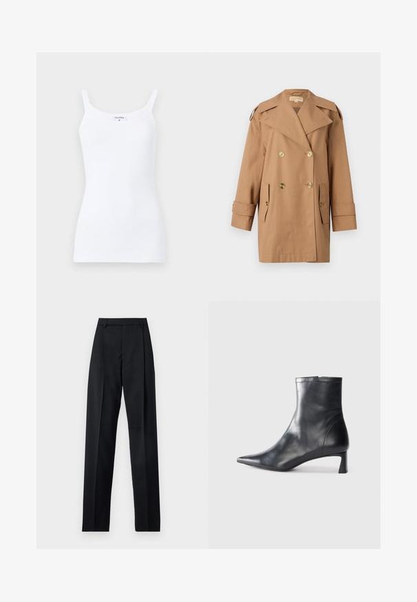 Trench coat marrón de doble botonadura hecho de algodón. Presenta grandes botones dorados, amplias solapas y dos bolsillos frontales. Mangas de longitud media.; Top de tirantes finos blanco con diseño sencillo y silueta ajustada. La tela es suave y con ligera elasticidad.; Pantalones negros de tela suave con cintura alta, piernas amplias, pliegues frontales y lazos de cinturón clásicos. No hay bolsillos laterales visibles.; Botín de cuero negro hasta el tobillo con punta afilada y un diseño elegante. Presenta un tacón bajo y un cierre con cremallera en la parte trasera. Textura suave.
