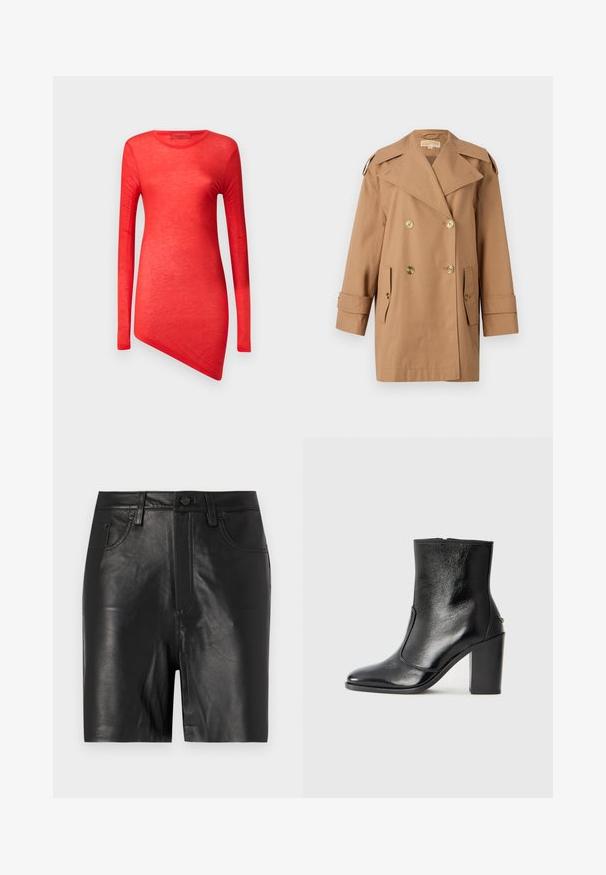 Hnedý dvojradový trenčkot vyrobený z bavlny. Obsahuje veľké zlaté gombíky, široké klopy a dve predné vrecká. Rukávy sú strednej dĺžky.; Červený dlhý rukáv s asymetrickým lemom, vyrobený z ľahkého materiálu. Hladká štruktúra s okrúhlym výstrihom a minimálnymi švami.; Čierne kožené šortky s hladkým povrchom, so zipsom vpredu, zapínaním na gombík a klasickým dizajnom s piatimi vreckami.; Čierna kožená kotníková obuv s hladkým povrchom, špicatou špičkou a masívnym vysokým podpätkom. Zdobená bočným otvorom a minimalistickým dizajnom.