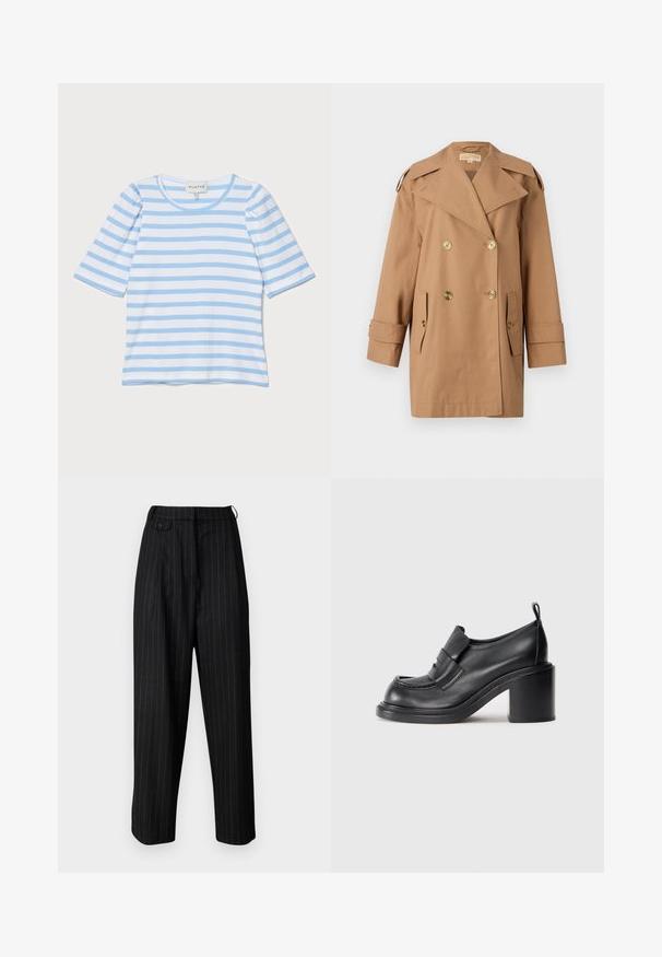 Rudas dvigubas trenčiotas paltas, pagamintas iš medvilnės. Yra dideli auksiniai mygtukai, plačios apykaklės ir dvi priekinės kišenės. Vidutinio ilgio rankovės.; Šviesiai mėlyna dryžuota marškinė su trumpomis rankovėmis, apvaliu kaklu, varstytos tekstūros, su kaitaliojančiais plonais baltais ir mėlynais dryžiais.; Juodos aukšto liemens kelnės su baltomis juostelėmis, turinčios raukšles, mygtuko uždarymą ir laisvą kirpimą. Pagamintos iš lygaus medžiagos.; Juodi odiniai aukštakulniai batai su apvaliu nosiu, ryškiu diržu per vampą ir masyviu kulnu. Lygi tekstūra su minimaliais siūlais.