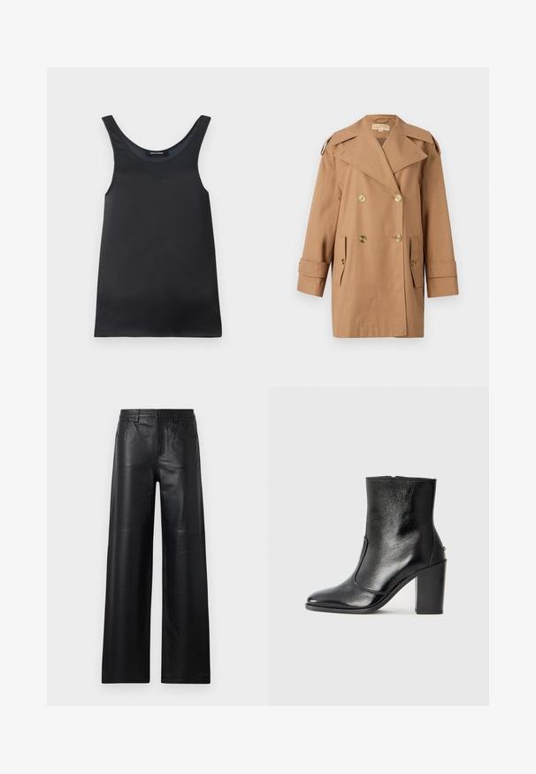 Rjav dvoredni trench plašč iz bombaža. Opremljen z velikimi zlatimi gumbi, širokimi reverji in dvema sprednjima žepoma. Srednje dolgi rokavi.; Črna brezrokavna majica iz gladkega materiala. Ima zaobljen ovratnik in subtilno podrobnost s logotipom blizu ovratnika. Preprost in minimalističen dizajn.; Široke črne usnjene hlače gladke teksture, s sprednjimi žepi, gumbom za zapiranje in subtilnimi detajli šivanja.; Črne usnjene gležnarske čevlje z gladko teksturo, koničastim nosom in debelim visokim petam. Imajo stransko odprtino in minimalističen dizajn.