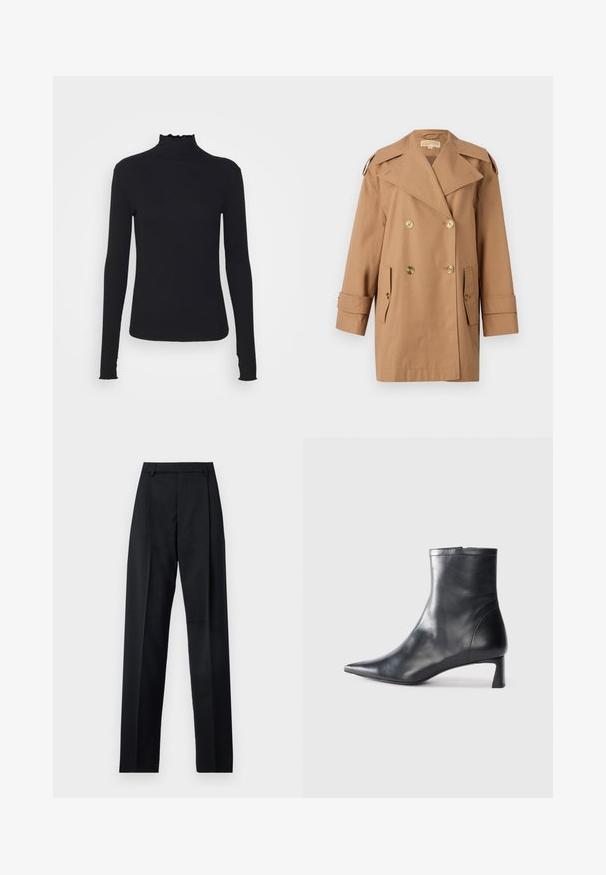 Brūns dubultās krūtis pūķis, kas izgatavots no kokvilnas. Iespējas ietver lielus zeltainus pogas, plašus atlokos un divas priekšējās kabatas. Pusgaras piedurknes.; Melnas garām piedurknēm turtleneck blūze, izgatavota no gludas auduma, ar krokotu apkakli un pieguļošu siluetu, kas ir ar vienkāršām malām.; Melnas bikses, izgatavotas no gludas auduma, ar augstu vidukli, platiem bikšu galdniekiem, priekšējiem krokām un klasiskām jostu cilpām. Sānu kabatas nav redzamas.; Melnas ādas potītes zābaki ar norādītu pirkstu un elegantu dizainu. Iezīmē zemu papēdi un rāvējslēdzēja aizdari aizmugurē. Gluda tekstūra.