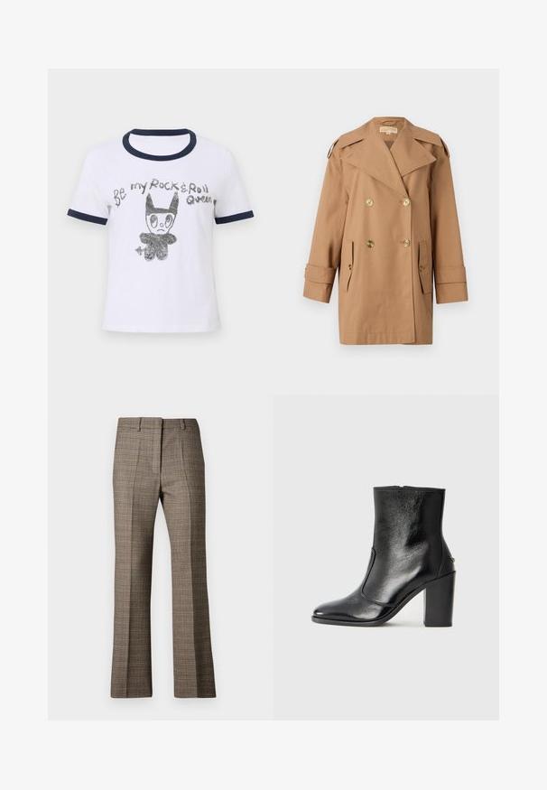 Brun dobbeltbrystet trenchcoat lavet af bomuld. Har store guldknapper, brede revers og to forlommer. Mellemlange ærmer.; Hvid bomulds T-shirt med marineblå ribbet krave og ærmer, prydet med en sort og sølv grafik af en tegneseriefigur og tekst.; Bruneternet bukser med lige ben, der har et tekstureret stof og subtile farver af beige og mørkere brune nuancer i mønsteret.; Sorte læder ankelstøvler med en glat overflade, spids tå og en chunky høj hæl. Har en sidelukning og minimalistisk design.