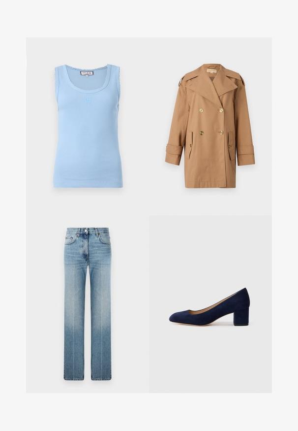 Cappotto trench doppiopetto marrone realizzato in cotone. Caratterizzato da grandi bottoni dorati, ampi risvolti e due tasche frontali. Maniche di lunghezza intermedia.; Top a fascia azzurro chiaro con coste, colletto rotondo e bordo ondulato. Presenta un logo ricamato sulla parte anteriore e una silhouette aderente.; Jeans dritti di colore azzurro chiaro in denim, con una leggera scoloritura, design classico a cinque tasche e chiusura con bottone in metallo in vita.; Pump in suede blu Navy con punta affusolata e tacco blocco di media altezza. Texture liscia con una leggera lucentezza e un piccolo taglio sul davanti.
