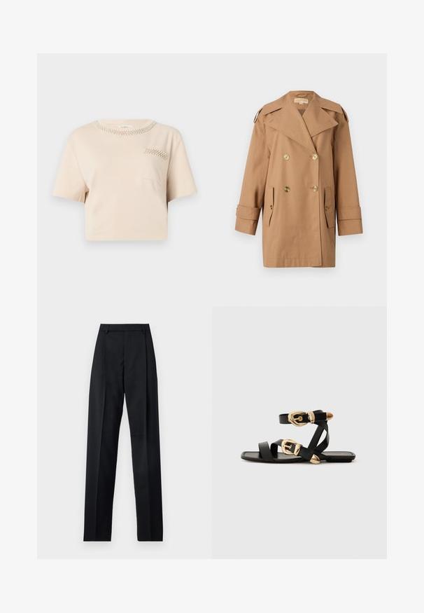 Brun dubbelknäppt trenchcoat i bomull. Har stora guldknappar, breda slag och två framfickor. Halvlånga ärmar.; Ljusbeige kort t-shirt med korta ärmar, med en dekorativ krage och ficka prydd med pärlor. Mjukt bomullsmaterial.; Svarta byxor i mjukt tyg med hög midja, vida ben, framfickor och klassiska bältesöglor. Inga sidofickor synliga.; Svarta lädersandaler med guldspännen, med flera remmar och platt såldesign för öppna tår.
