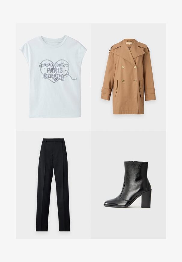 Bruine dubbele trenchcoat gemaakt van katoen. Voorzien van grote gouden knopen, brede revers en twee voorzakken. Middellange mouwen.; Lichtblauwe katoenen t-shirt met korte mouwen, voorzien van een hartafbeelding versierd met metalen letters: "IEMAND IN PARIJS HOU VAN MIJ."; Zwarte broek gemaakt van gladde stof met een hoge taille, wijde benen, voorplooien en klassieke ceintuurlussen. Geen zijzakken zichtbaar.; Zwarte leren enkelboot met een gladde textuur, spitse neus en een gedurfde hoge hak. Beschikt over een zijopening en een minimalistisch ontwerp.