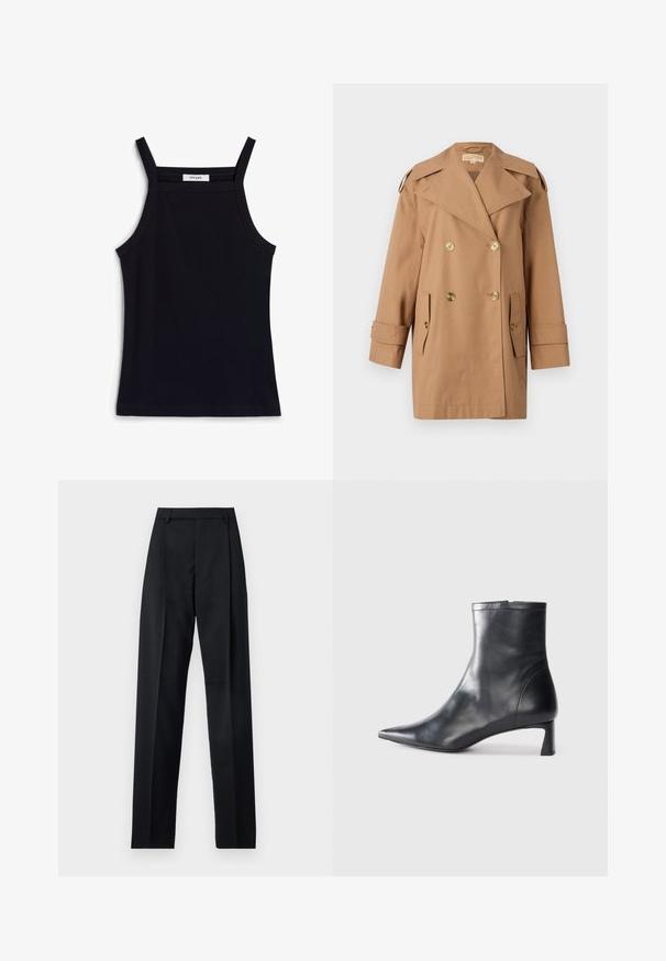 Pruun topeltkliendiga vihmamantel, mis on valmistatud puuvillast. Omab suuri kuldseid nööpe, laiu krae ja kahte esikotti. Keskmise pikkusega varrukad.; Must mustriba top, mille kitsaste õlavarre rihmadega, featuring ümar kaelus ja sirge serv. Sildil on kiri "IVY OAK."; Mustad püksid siledast kangast, millel on kõrge vöökoht, laiad jalad, esimesed kortsud ja klassikalised vööloopid. Küljepockets pole nähtavad.; Mustad mustall nahkasaabas terava nina ja stiilse disainiga. Omab madalat konts ja luku sulgemist taga. Sile tekstuur.