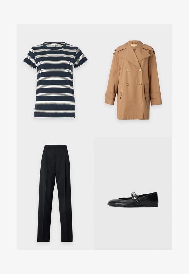 Manteau trench beige à double boutonnage en coton. Équipé de grands boutons dorés, de larges revers et de deux poches avant. Manches mi-longues.; T-shirt rayé bleu marine en coton ; à manches courtes, col rond, avec des rayures blanches horizontales sur le devant et l'arrière.; Pantalon noir en tissu lisse avec taille haute, jambes larges, plis à l'avant et passants de ceinture classiques. Pas de poches latérales visibles.; Ballerines en cuir noir avec un bout pointu, dotées d'une sangle avec une boucle métallique circulaire et d'une semelle plate.