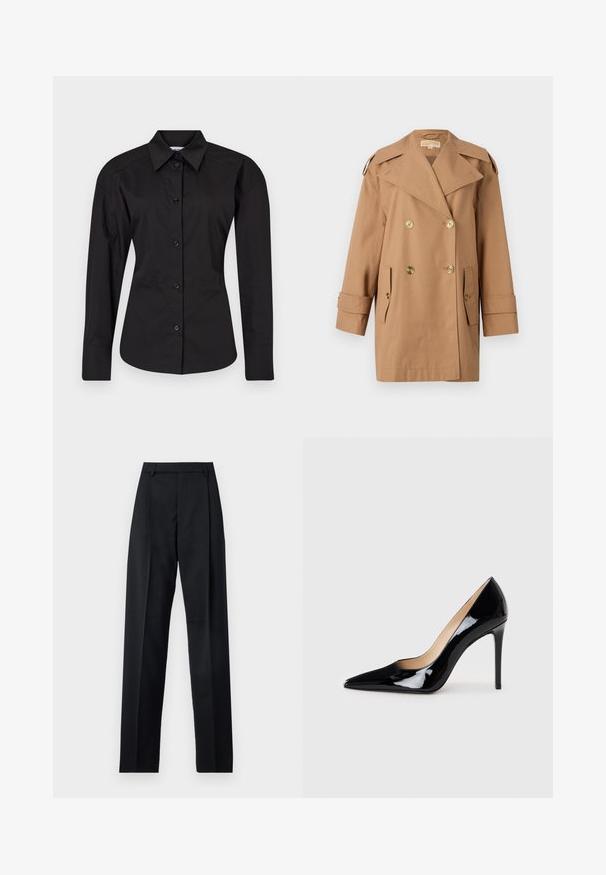 Brūns dubultās krūtis pūķis, kas izgatavots no kokvilnas. Iespējas ietver lielus zeltainus pogas, plašus atlokos un divas priekšējās kabatas. Pusgaras piedurknes.; Melnā pogām apģērbtā krekla izgatavots no kokvilnas. Tam ir garas piedurknes, klasiskā apkakle un pieguļošs siluets ar gludu tekstūru.; Melnas bikses, izgatavotas no gludas auduma, ar augstu vidukli, platiem bikšu galdniekiem, priekšējiem krokām un klasiskām jostu cilpām. Sānu kabatas nav redzamas.; Melnā lakota ādas augstpapēžu kurpe ar norādītas formas purngalu un elegantu siluetu. Iespēj gludu, spīguļojošu apdari un šauru stiletto papēdi.