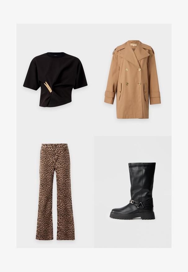 Brown double-breasted trench coat made of cotton. Features large gold buttons, wide lapels, and two front pockets. Mid-length sleeves.; Black cropped t-shirt with short sleeves, featuring a twisted design and a decorative yellow clothespin embellishment on the front.; Leopard print wide-leg pants in beige and black, featuring a smooth texture and tapered hem. Design with standard waistband and pockets.; Black knee-high boots made of smooth leather, featuring a buckle accent on the side and a thick, textured sole for grip.
