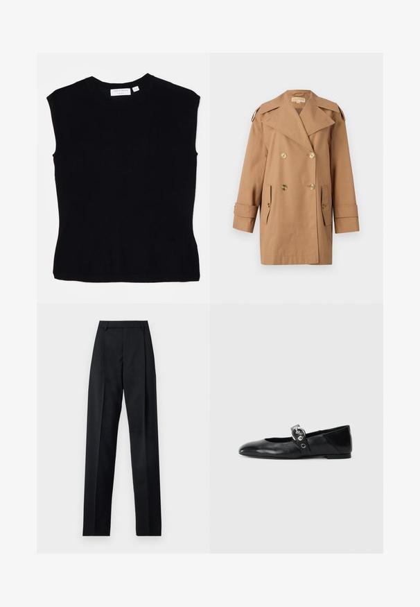 Hnědý dvouřadý trenčkot vyrobený z bavlny. Obsahuje velké zlaté knoflíky, široké klopy a dvě přední kapsy. Rukávy jsou střední délky.; Černý bezramínkový top vyrobený z pleteniny, s kulatým výstřihem a přiléhavým střihem s hladkou texturou. Štítek na zadní straně.; Černé kalhoty vyrobené z hladké tkaniny, vybavené vysokým pasem, širokými nohavicemi, předními záhyby a klasickými poutky na opasek. Nejsou viditelné boční kapsy.; Černé kožené baletní střevíce s špičatou špičkou, vybavené páskem s kruhovou kovovou přezkou a plochou podrážkou.