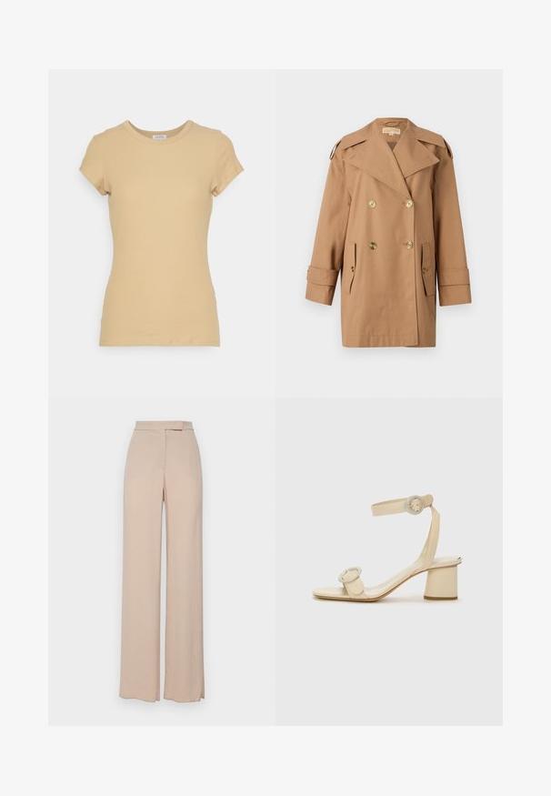 Rudas dvigubas trenčiotas paltas, pagamintas iš medvilnės. Yra dideli auksiniai mygtukai, plačios apykaklės ir dvi priekinės kišenės. Vidutinio ilgio rankovės.; Filippa K FINE TEE - Paprasti marškinėliai - sand beige; Šviesiai rudos plačių kojų kelnės, pagamintos iš lengvos medžiagos. Jos turi sklandų paviršių, priekines kišenes ir subtilų juosmens dizainą.; Šviesiai rudos spalvos aukštakulniai šlepetės minimalistiniu dizainu, su dviem apvaliais akcentais ir masyviu kulnu. Pagamintos iš lygaus odos.