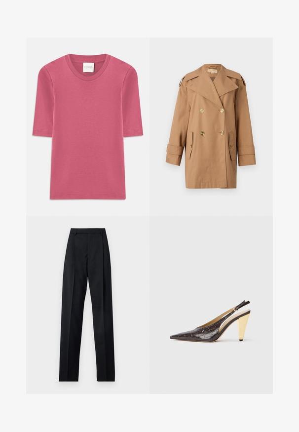 Palton bej din bumbac, cu dublu rând de nasturi. Prezintă nasturi mari aurii, rever lățit și două buzunare frontale. Mâneci de lungime medie.; Tricou cu mâneci scurte din bumbac roz pal, cu decolteu rotund. Prezintă detalii de cusătură la margini și o croială dreaptă.; Pantaloni negri dintr-un material neted, cu talie înaltă, picioare largi, pliuri frontale și loop-uri clasice pentru curea. Fără buzunare laterale vizibile.; Pantofii cu vârf ascuțit, tip slingback, din piele sintetică lucioasă de crocodil maro închis. Include un toc geometric în nuanță de aur și o curea de gleznă ajustabilă.