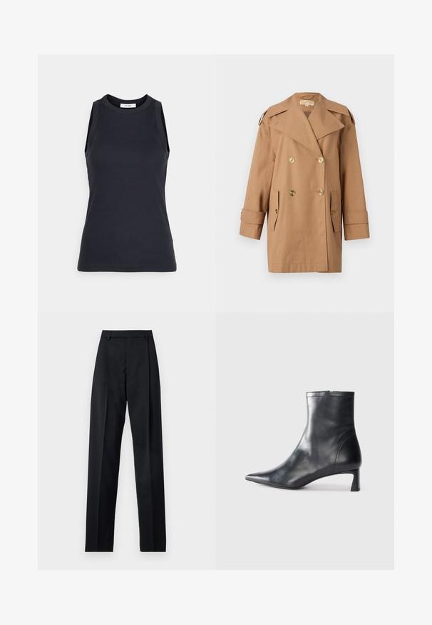 Pruun topeltkliendiga vihmamantel, mis on valmistatud puuvillast. Omab suuri kuldseid nööpe, laiu krae ja kahte esikotti. Keskmise pikkusega varrukad.; IVY OAK KLARA ANN - Topp - navy blue; Mustad püksid siledast kangast, millel on kõrge vöökoht, laiad jalad, esimesed kortsud ja klassikalised vööloopid. Küljepockets pole nähtavad.; Mustad mustall nahkasaabas terava nina ja stiilse disainiga. Omab madalat konts ja luku sulgemist taga. Sile tekstuur.