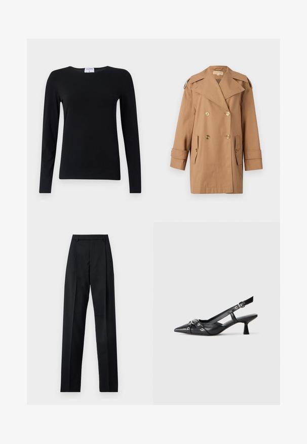 Brun dobbeltbrystet trenchcoat lavet af bomuld. Har store guldknapper, brede revers og to forlommer. Mellemlange ærmer.; Langærmet sort skjorte lavet af blødt stof, med rund hals, lige skæring og minimale sømme for et rent udseende.; Sorte bukser lavet af glat stof, der har høj talje, brede ben, frontfolder og klassiske bælteløkker. Ingen synlige sidelommer.; Sort lædersandal med spids tå, dekorative stropper med metaløjer og en lav blokhæl. Struktureret overflade.