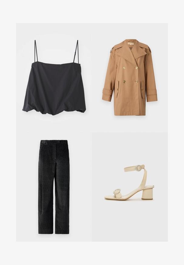 Brauner doppelter Trenchcoat aus Baumwolle. Mit großen goldenen Knöpfen, breiten Revers und zwei Fronttaschen. Mittellange Ärmel.; Schwarzes ärmelloses Oberteil mit dünnen Trägern, lockerer Passform und gerafftem Saum. Hergestellt aus leichtem Stoff mit glatter Textur.; Schwarze, strukturierte Hose mit weitem Bein und ausgeprägtem Gewebe, ausgestattet mit vorderen Falten und einem flachen Bund. Klassisches Design für Vielseitigkeit.; Beige High Heelsandalen mit minimalistischen Design, ausgestattet mit zwei runden Akzenten und einem klobigen Absatz. Hergestellt aus glattem Leder.