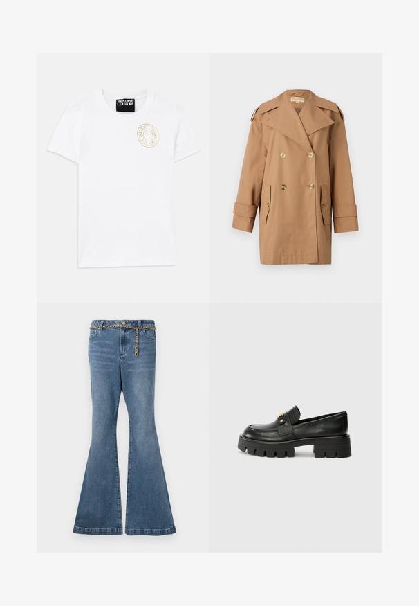 Brūns dubultās krūtis pūķis, kas izgatavots no kokvilnas. Iespējas ietver lielus zeltainus pogas, plašus atlokos un divas priekšējās kabatas. Pusgaras piedurknes.; Balts kokvilnas T-krekls ar īsām piedurknēm, apaļu dekoltē. Uz krūtīm ir zeltījuma izšūts logo. Vienkāršs un klasiskā dizaina.; Izvērstas zilos džinsos ar vidēju mazgāšanu, kurām ir zelta ķēdes akcents jostas daļā un standarta piecu kabatu dizains.; Melni ādas mokasīni ar masīvu zoli, ar zeltaini akcentu priekšā un gludu apdari. Masīva protektora dizains uz zoles.